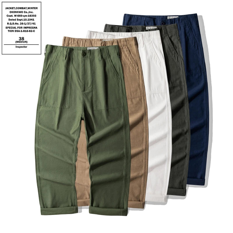 100% Cotton Trouser for Men OG107 Men's Casual Style  Canvas Regular Mid Waist Straight-Leg White Khaki Mid Flat Cargo Pants