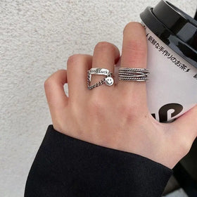 AA0165998 Good Luck Letter Ring for Women Vintage Tassel Chain Multi Layer Adjustable Rings Gifts Jewelry