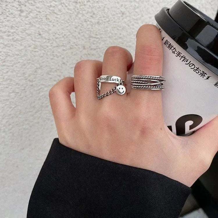 AA0165998 Good Luck Letter Ring for Women Vintage Tassel Chain Multi Layer Adjustable Rings Gifts Jewelry