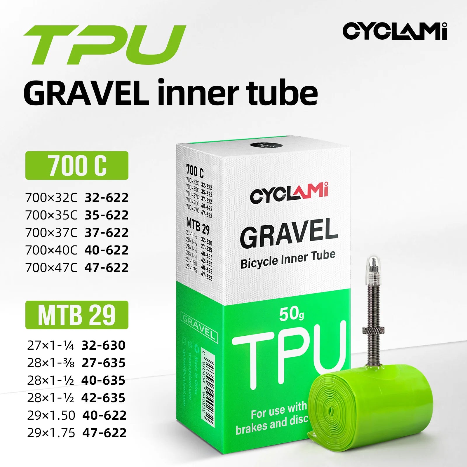 CYCLAMI 50g Lightweight Bicycle TPU Inner Tube for GRAVEL Bike Low Rolling Resistance Puncture Resistant Removable FV 45mm Valve
