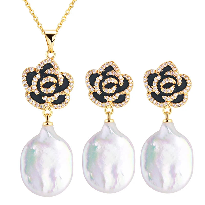 Hot Sale Luxury Black Camellia Baroque Natural Freshwater Pearl Earrings Necklace Rings Jewelry Set