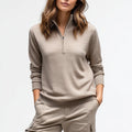 Women's Casual Half-Zip Pullover Sweater Soft Wool Blend Long Sleeve Knitwear with Stand-Up Collar Front Logo