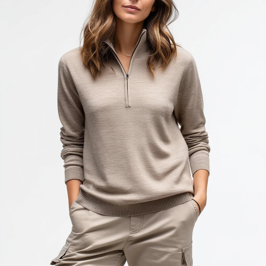 Women's Casual Half-Zip Pullover Sweater Soft Wool Blend Long Sleeve Knitwear with Stand-Up Collar Front Logo
