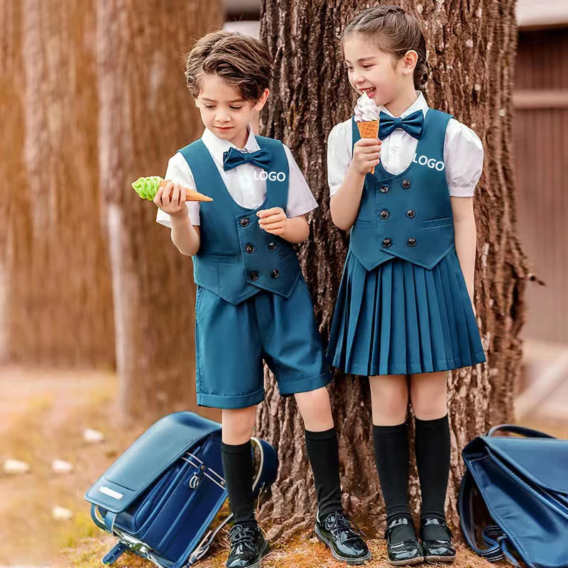 OEM Embroidered logo Elegant Kindergarten Primary School Uniform Colour Polo Shirt Skirts Designs for Children Boys and Girls