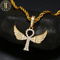 High Quality Hip Hop Jewelry Inlaid Zircon Diamond 18K Gold Plated Brass Ankh Cross Wings Pendant for Men