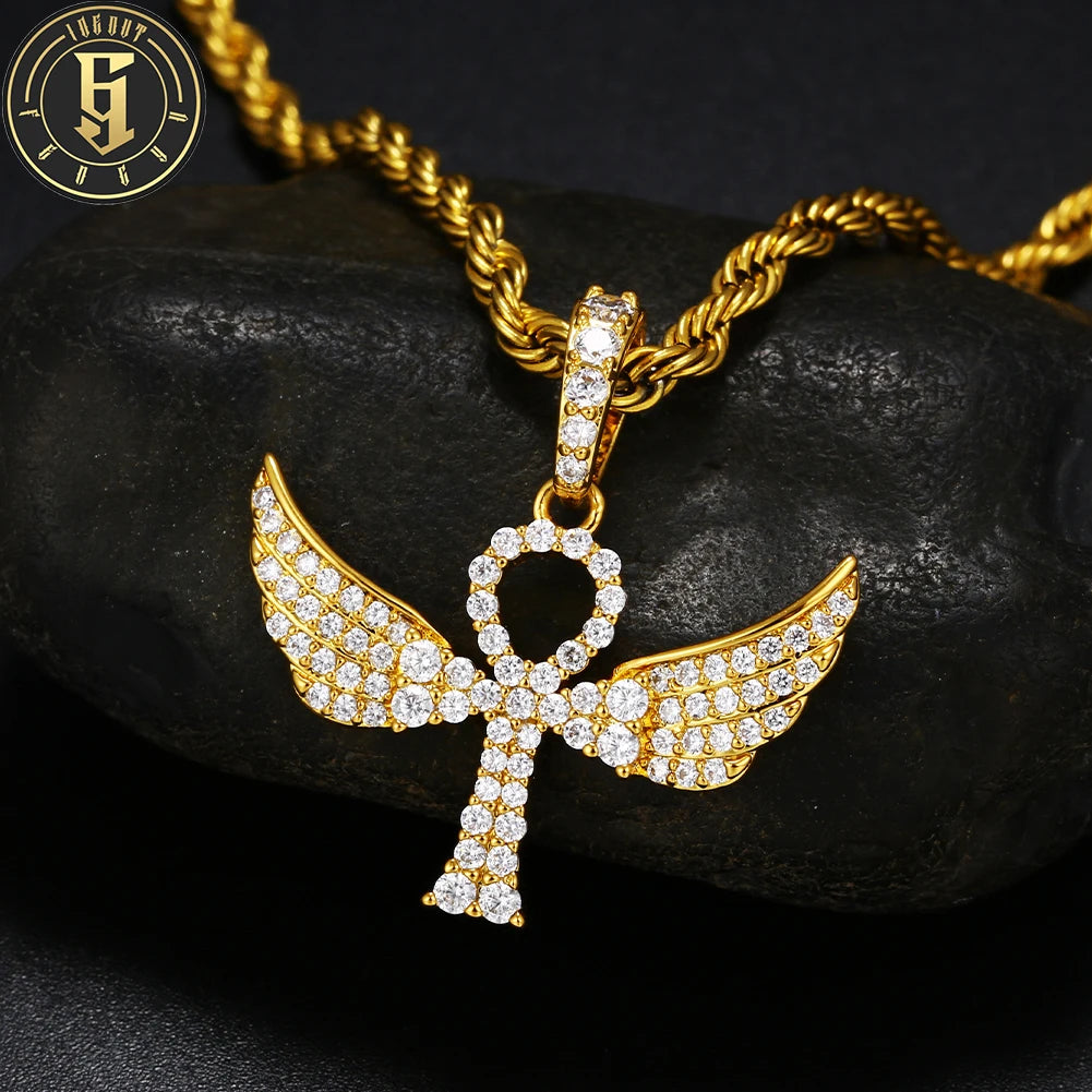 High Quality Hip Hop Jewelry Inlaid Zircon Diamond 18K Gold Plated Brass Ankh Cross Wings Pendant for Men