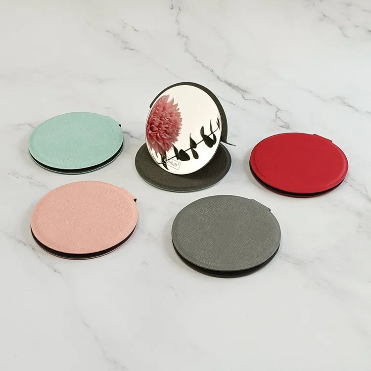 Custom Logo Portable Women's Gifts 5Colors Pu Leather Makeup Mirrors Round Small Pocket Hand Cosmetic Mirror for Purses