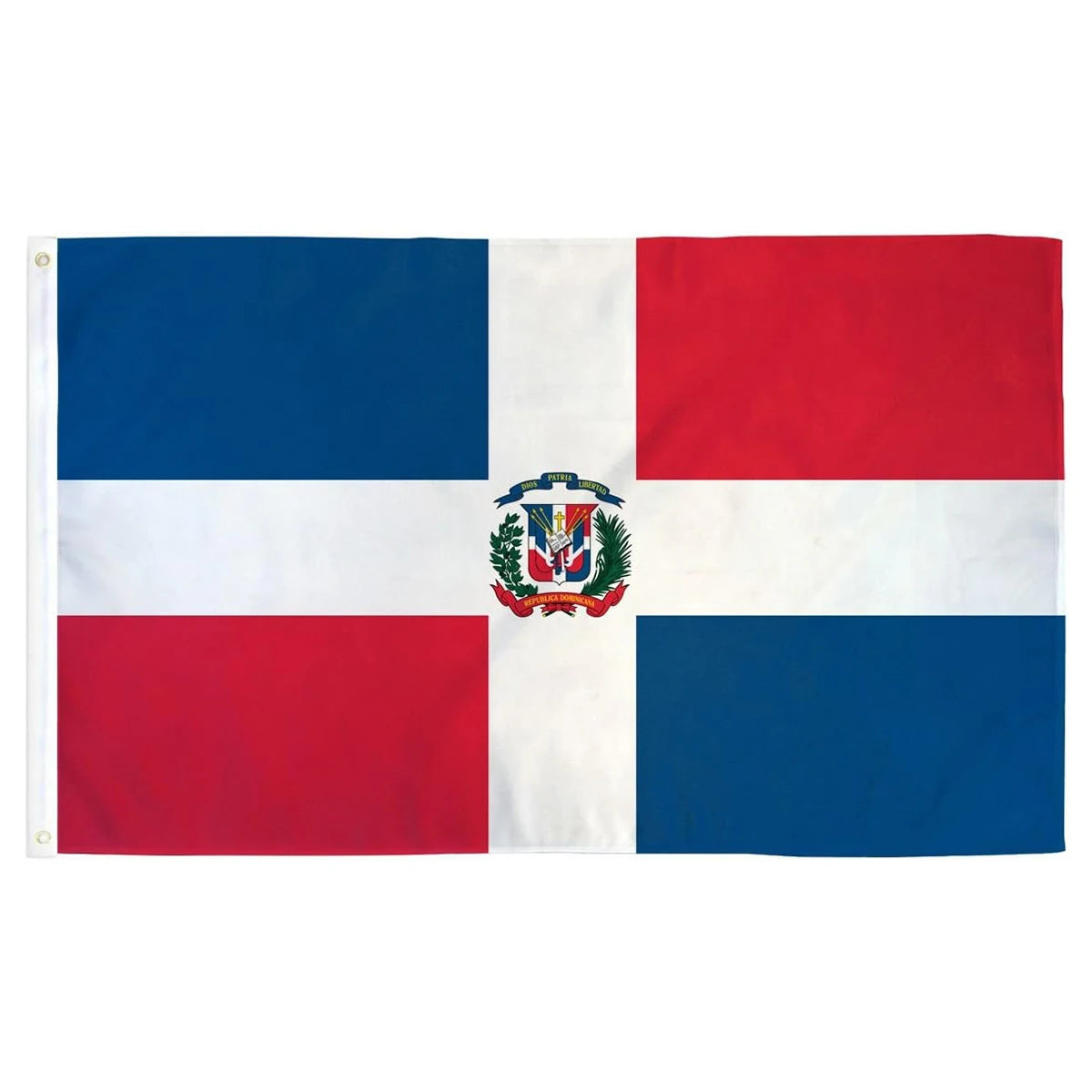 Cheap STOCK 100%polyester Eco-Friendly Silk Screen Printed Dominican Flag 3x5 Foot Bandera De Republica Dominicana Two Grommets