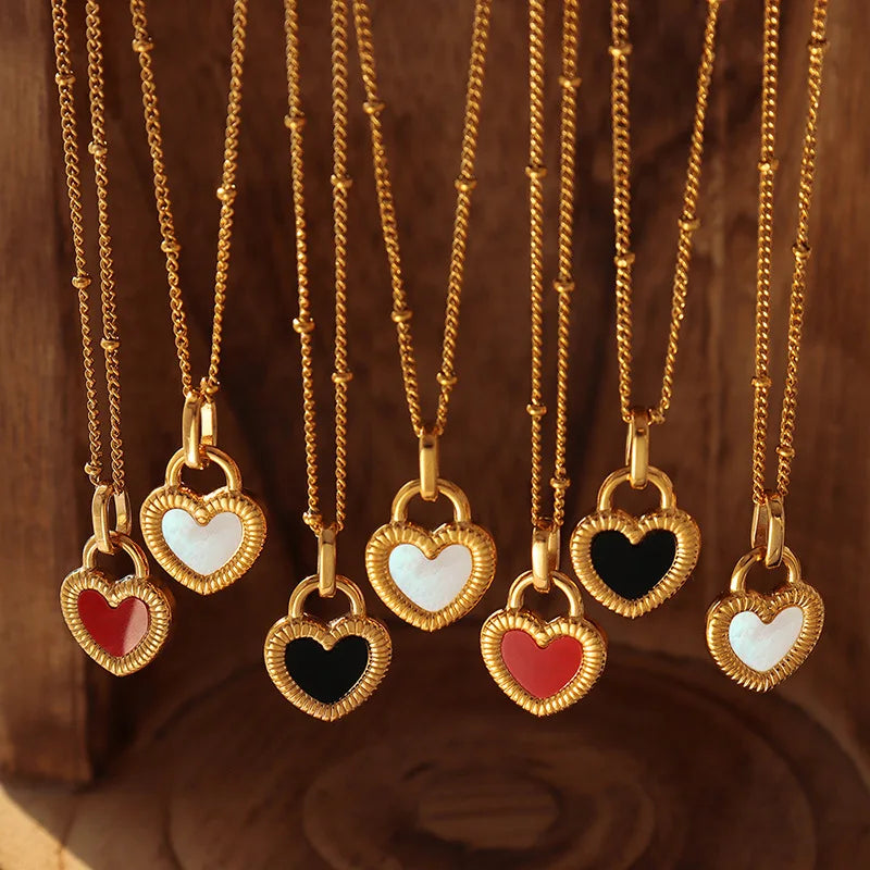 Fashion Stainless Steel Non Tarnish Black Red White Shell Forever Love Heart Pendant Necklace for Women