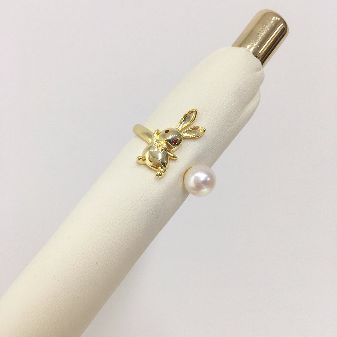 18k Gold Plated Rabbit Opening Ring Natural Freshwater Pearl Ring Jewelry Women