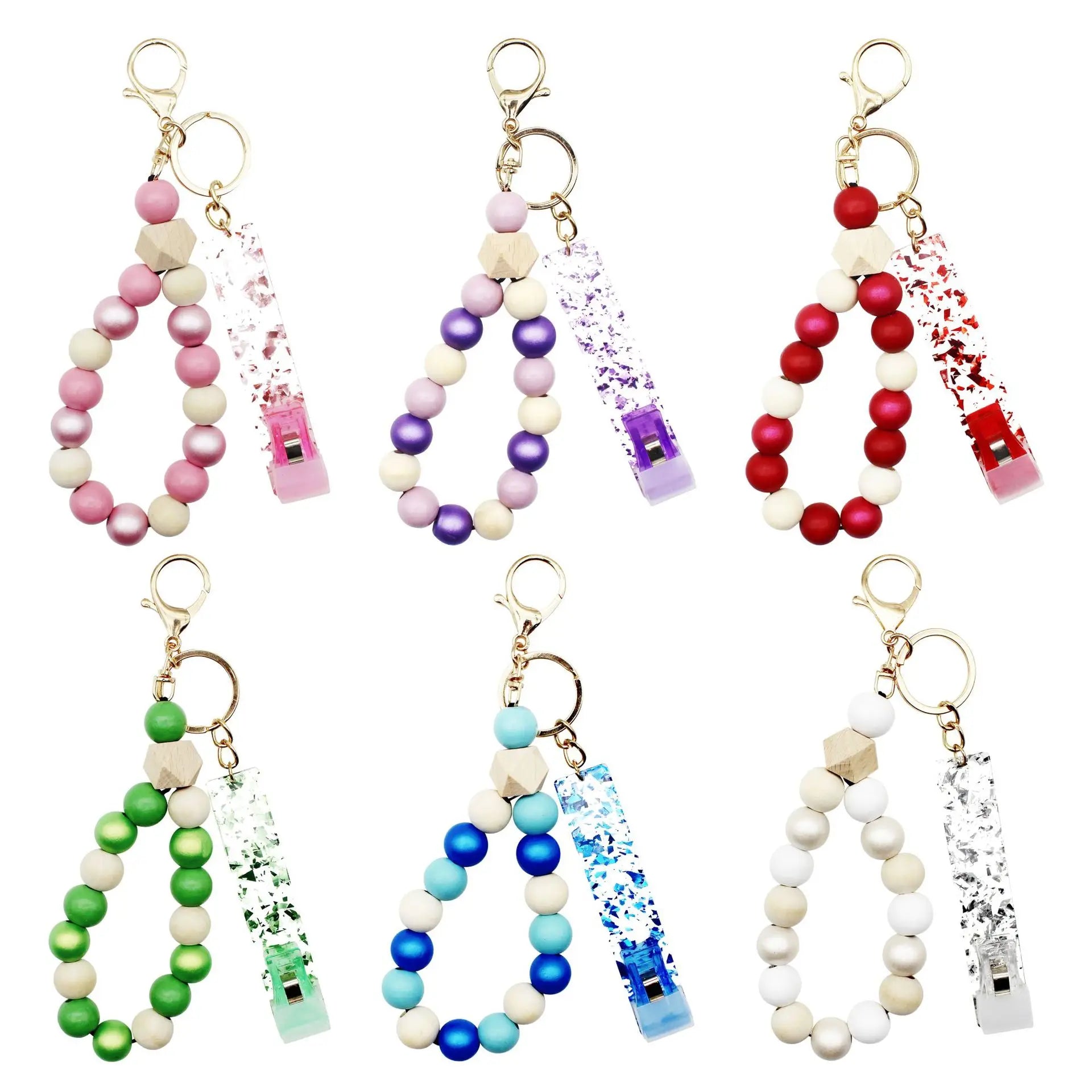 Wholesale Card Grabber Wristlet Keychain Bracelet with Wooden Beads Car Key Ring Chain for Women