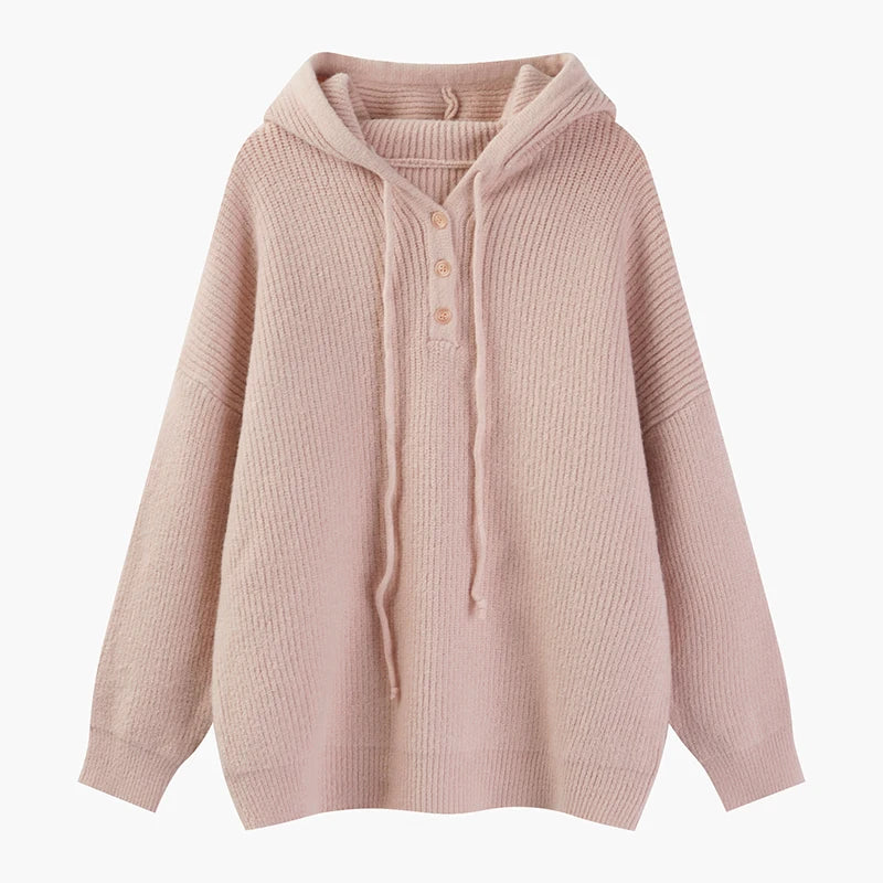 Women's Casual V-Neck Batwing Long Sleeve Drawstring Knitted Pullover Sweatshirt Loose Fall Winter Hoodies Sweater