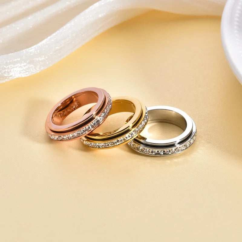 Wedding Titanium Stainless Steel Zircon Beads Paved 4mm Gold Plated Rotating Sperituelle Finger Rings Unisex for Women and Men
