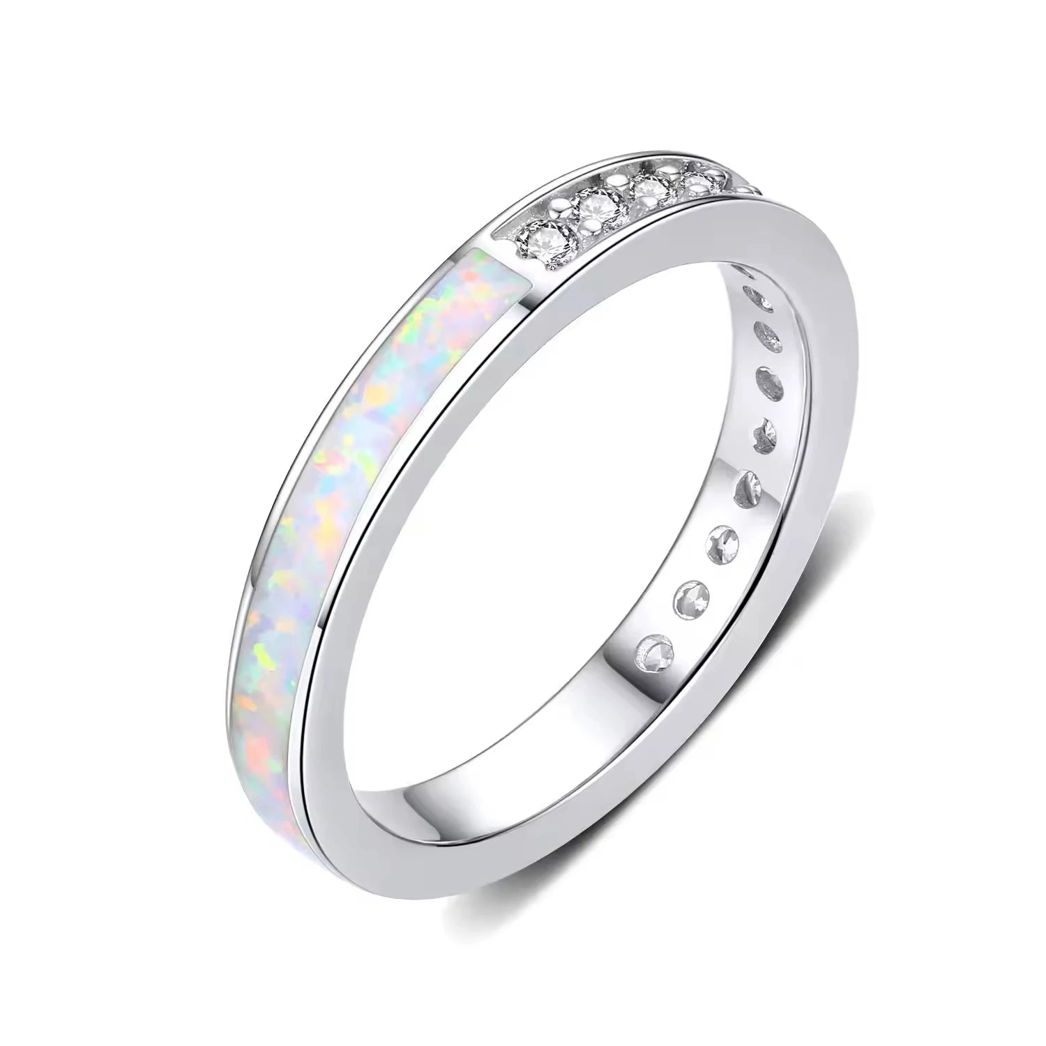 Fine Jewelry S925 Sterling Silver Rhodium Plated 3A Cubic Zircon White Opal Wedding Ring
