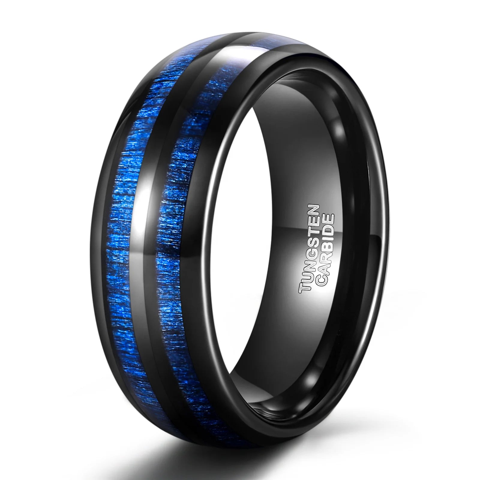 POYA 8mm Black Tungsten Exotic Blue Maple Wood Inlay Domed Dual Channel Unique Wedding Band for Men