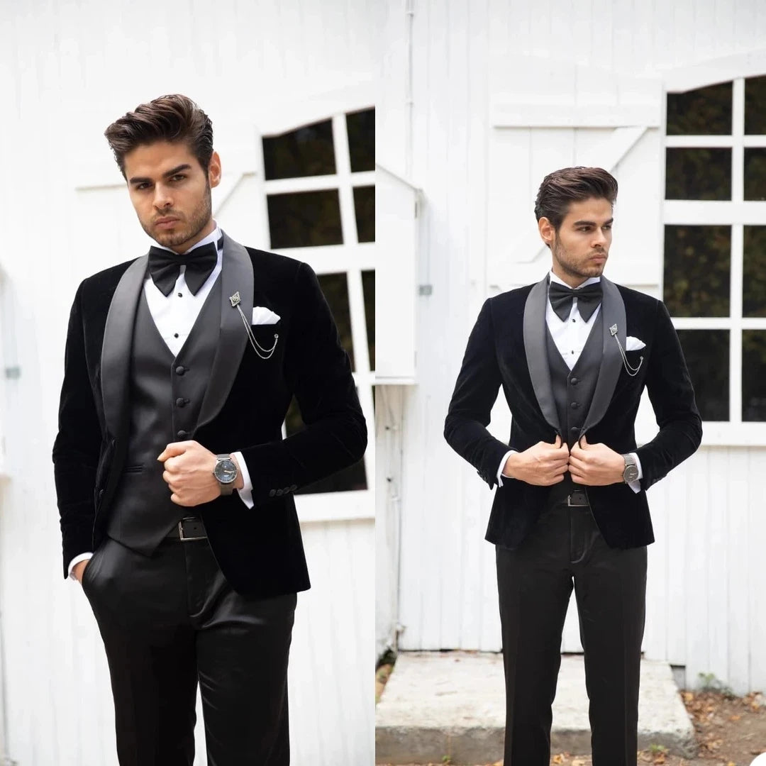 Winter 2025 Business Wedding Wear Costume Homme Black Velvet Men Suits Groom Tuxedo for Slim Fit Men blazer 3 Pieces Jacket