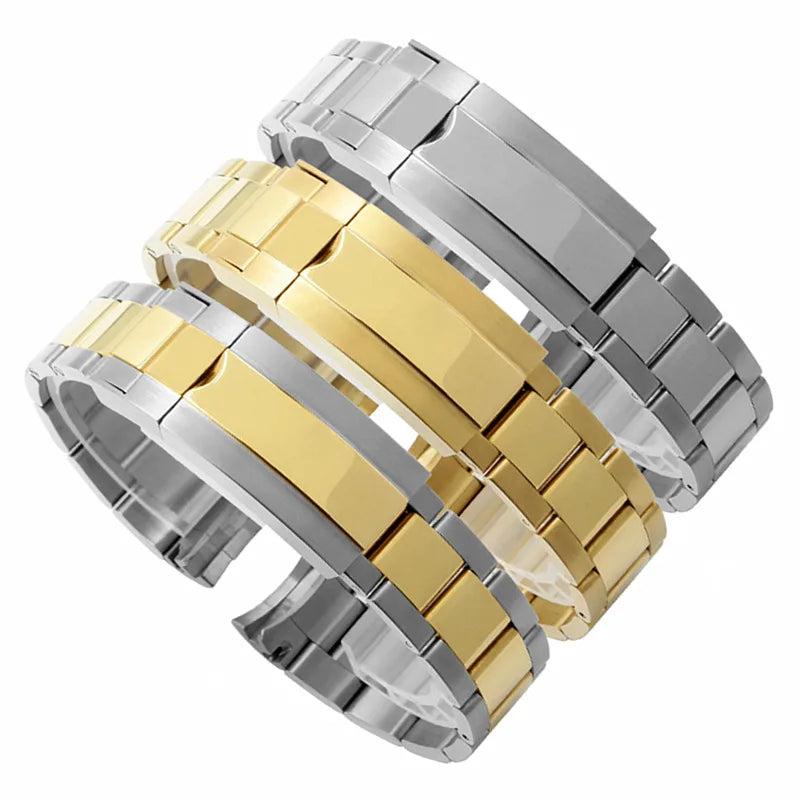 No Logo 20mm Gold Color 3 Beads Tone Curve End Stainless Steel Deployment Clasp Wrist Watch Band