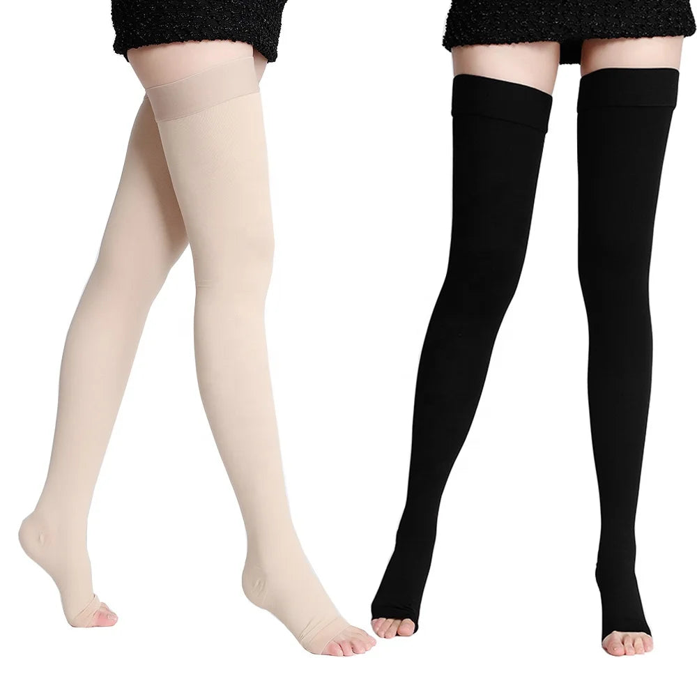 Thigh High Length Dot-top Open Toe Beige Medium 20-30 MmHg Compression Stockings for Men and Women
