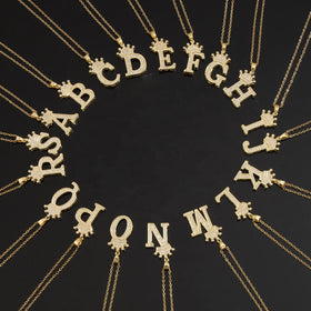 Gold Plated Full Diamond Alphabet Pendant Necklace Crown 26 Initial Letter Zircon Pendant Necklace
