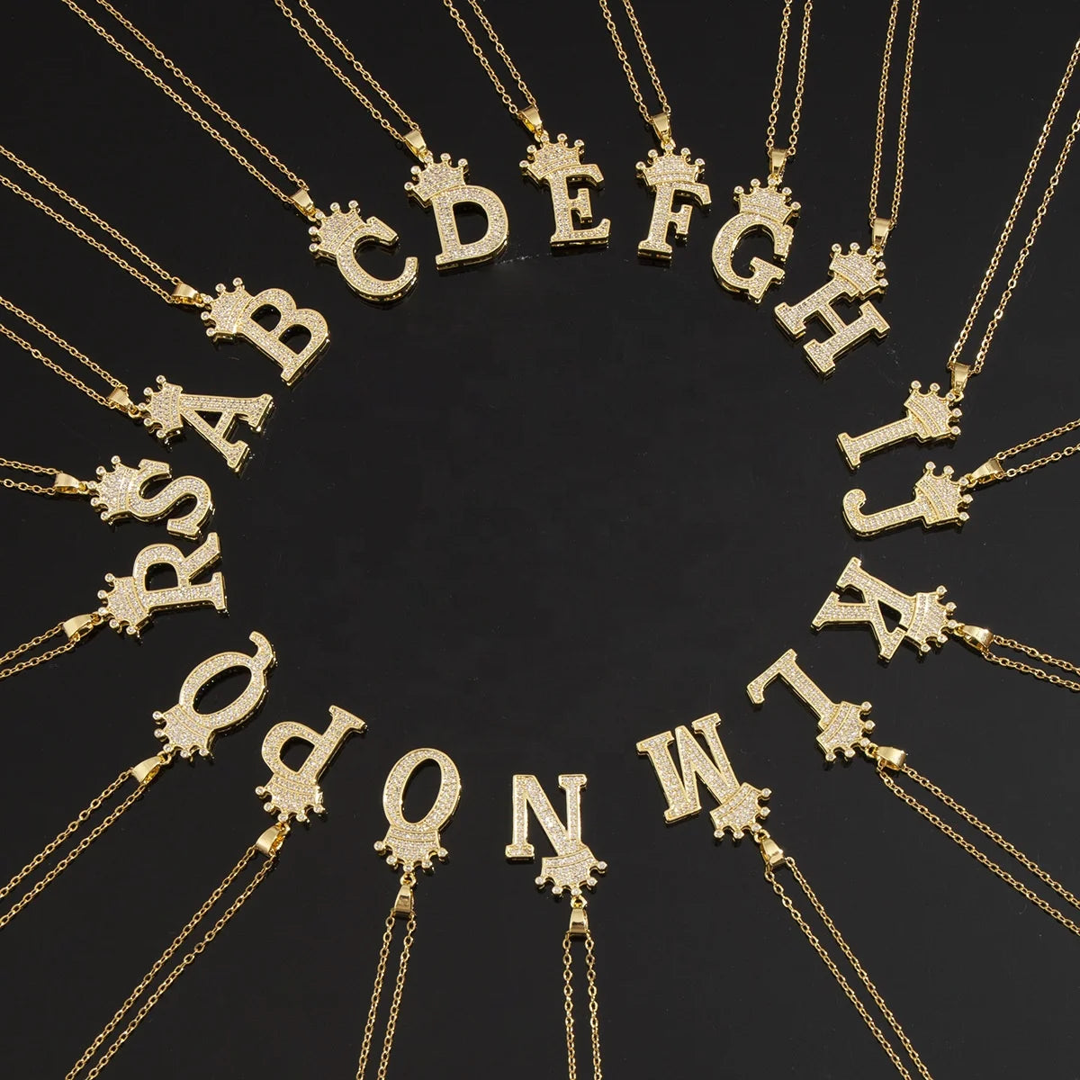 Gold Plated Full Diamond Alphabet Pendant Necklace Crown 26 Initial Letter Zircon Pendant Necklace
