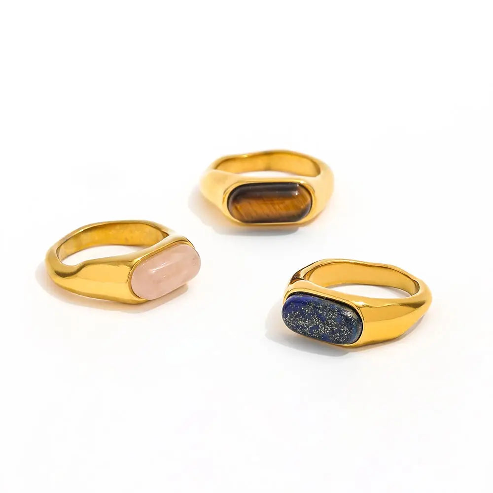 New Trendy High-End 18K Gold Plated Stainless Steel Ring Brown Blue Natural Stone Fashion Ring for Parties
