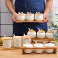 White Ceramic Kitchenware Condiment Set with Magnetic Spice Jars Bamboo Lid Tray for Tea Pot and Spice Storage