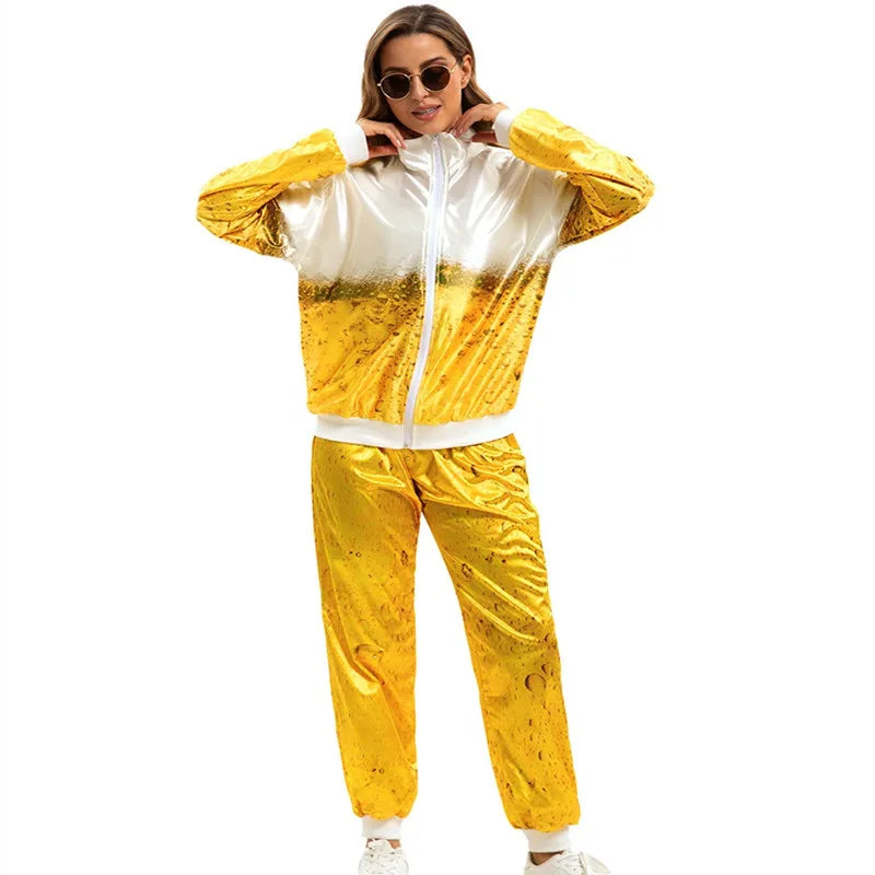 Mens Women Shell Suit Hip Hop Gabber Beer Print Training Suit Fancy Scouser Tracksuit