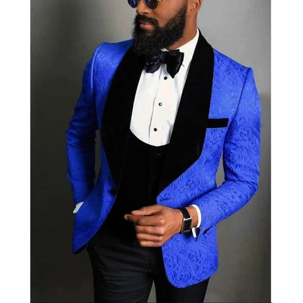 New Custom Made Floral Pattern Royal Blue Black Men Suits Groom Tuxedos 3 Pieces Prom Business Suits Sets (jacket +vest +pants)