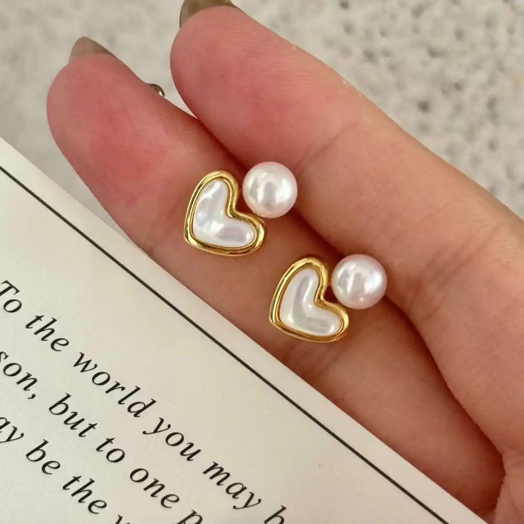 Natural Curved Shell Freshwater Pearl Stud Earrings 6-7MM Inlaid with Exquisite Love Perfect Gift for Girls