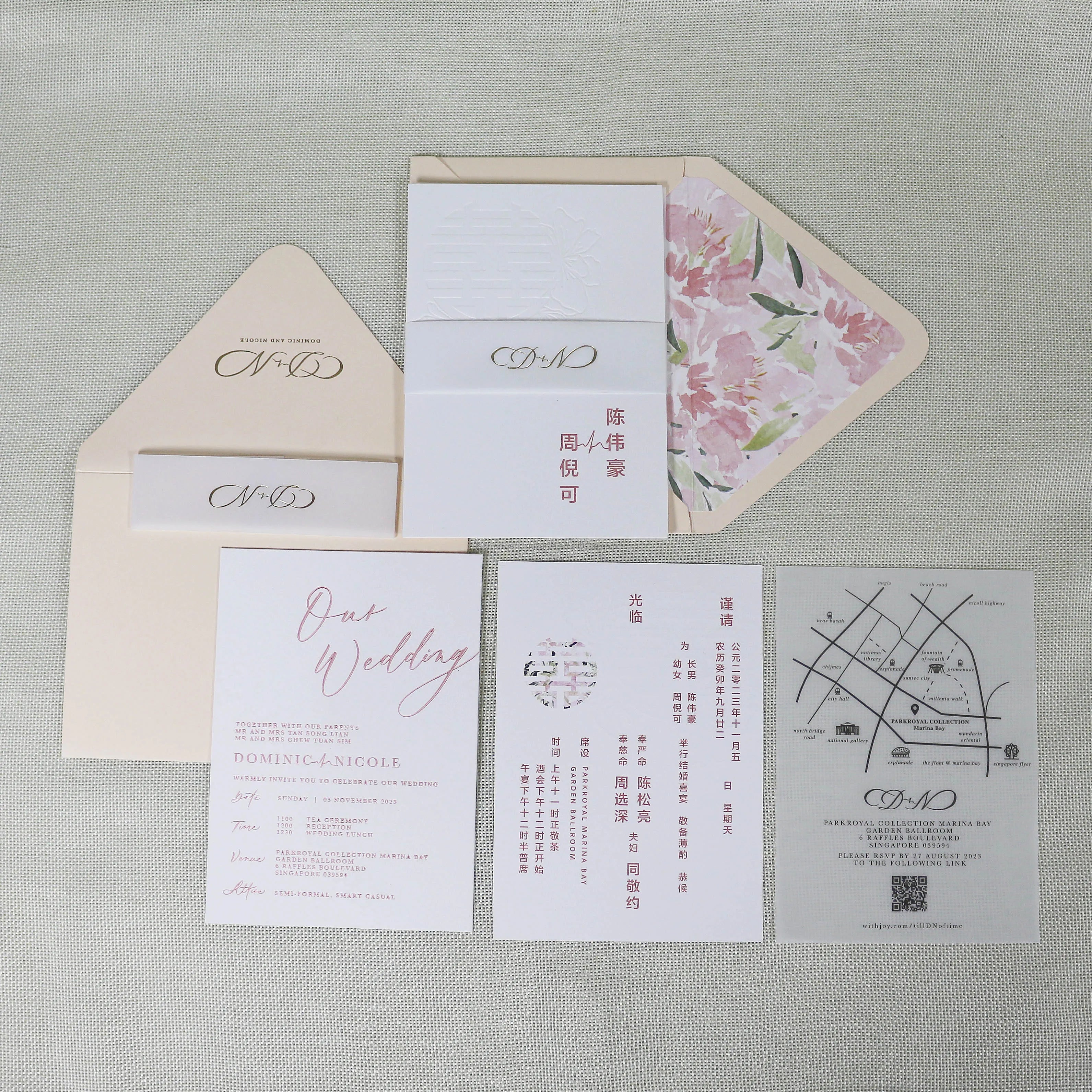 2026 New Product DIY Craft Pink Letterpress Cotton Paper Invitations With Custom Printed Liner Envelopes Wedding Stationery