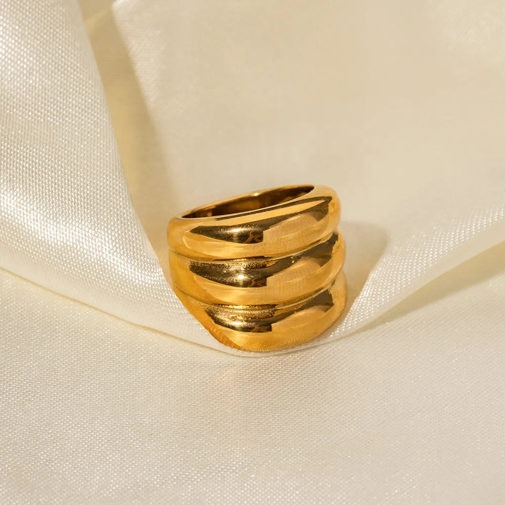 New Fashion Wholesale Custom Waterproof 18K Gold Plated Stainless Steel Rings Chunky Three Layer Ring for Women Jewelry