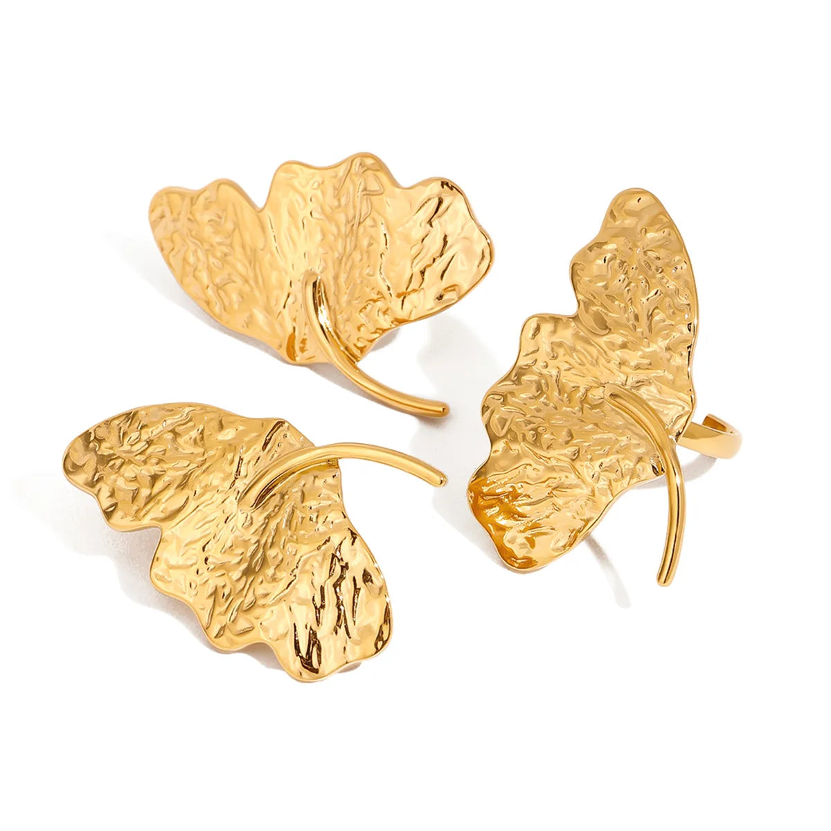 New Summer Beach Holiday Style 18K PVD Gold Stainless Steel Hammered Ginkgo Leaf Women Earrings Ring Jewelry Set