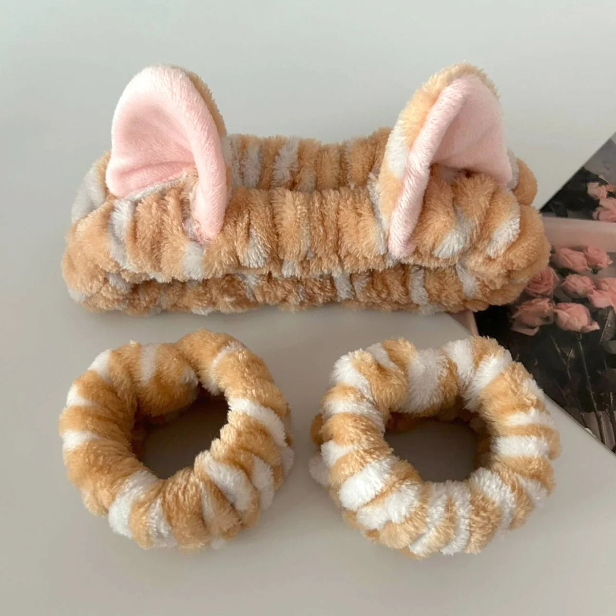 Wholesale Cute Plush Cat Ear Headband for Women Autumn Winter Makeup Anti-Moisture Wristband Stripes