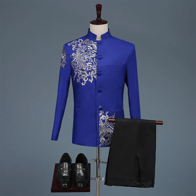 2 Pieces Men's Zhongshan Collar Chinese Tunic Suit Formal Suits Single Breasted Groomsmen Wedding Tailored Fit (Blazer+Pants)