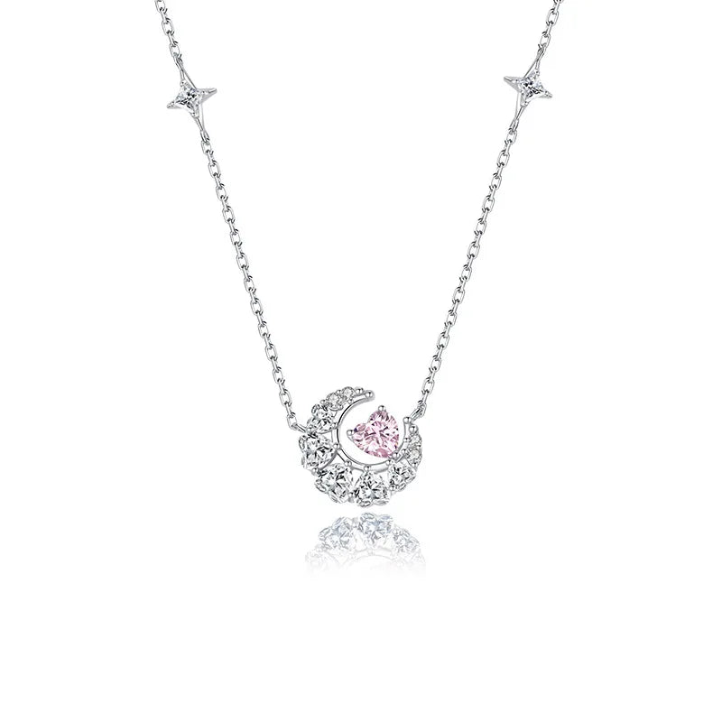 Simple Rhodium Plated 925 Sterling Silver Moon & Star Pendant Necklace for Women with Heart Cut Zircon Party Occasion