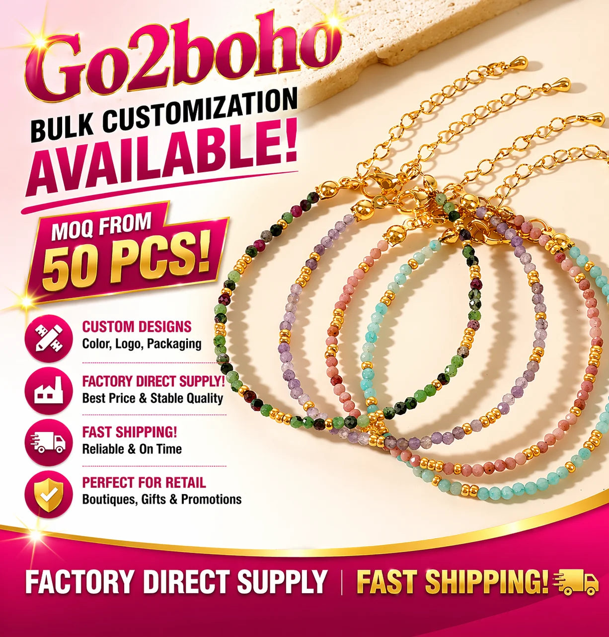 Go2BoHo Small Bohemian Style Semi-Precious Stone Bracelet Ball Shape Red and Green Treasures