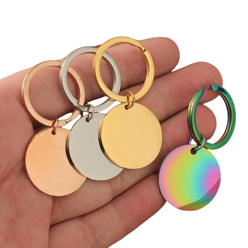 Custom Logo Name Blank Metal Key Chains Stainless Steel Engrave Laser Key Ring Round Disc Tags Blanks Rose Gold Rainbow Keychain