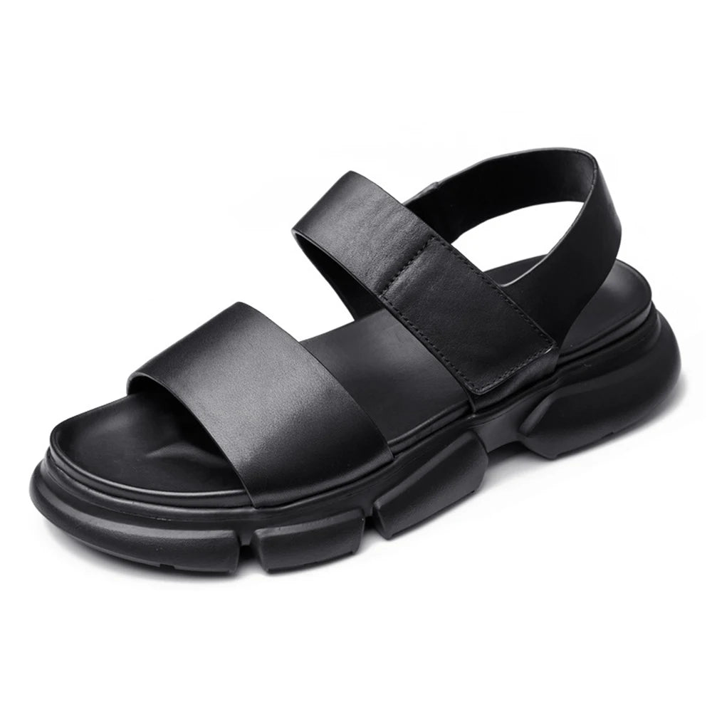 Men's Fashion Summer Thick-Soled Height-Increasing Cowhide Slides Waterproof Simple Genuine Leather Hook Loop Premium Outdoor
