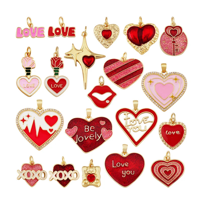 Fashion Red Love Heart Charm Victorian Charm PendantReal 18K Gold Plated Necklace Bracelet Jewelry Findings Making Supply S47