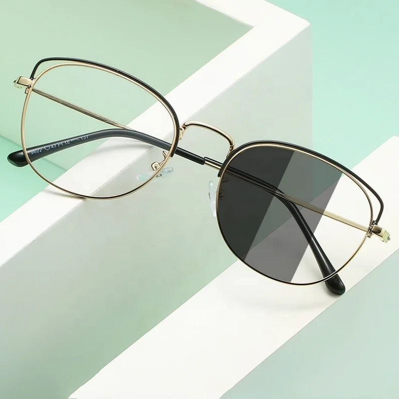 Jiuling Eyewear Anti Blue Light Color Changing Safety Eye Glasses Women Metal Cat Eye Photochromic Ladies Reading Glasses