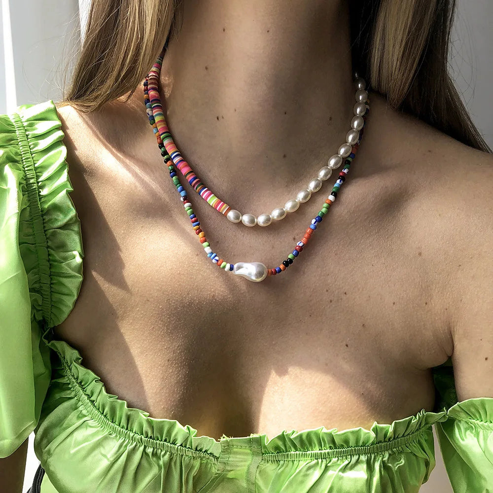 Creative Bohemian Double Layer Choker Necklace Imitation Pearl Colorful Rice Beads Acrylic Beaded Necklace for Women Girls