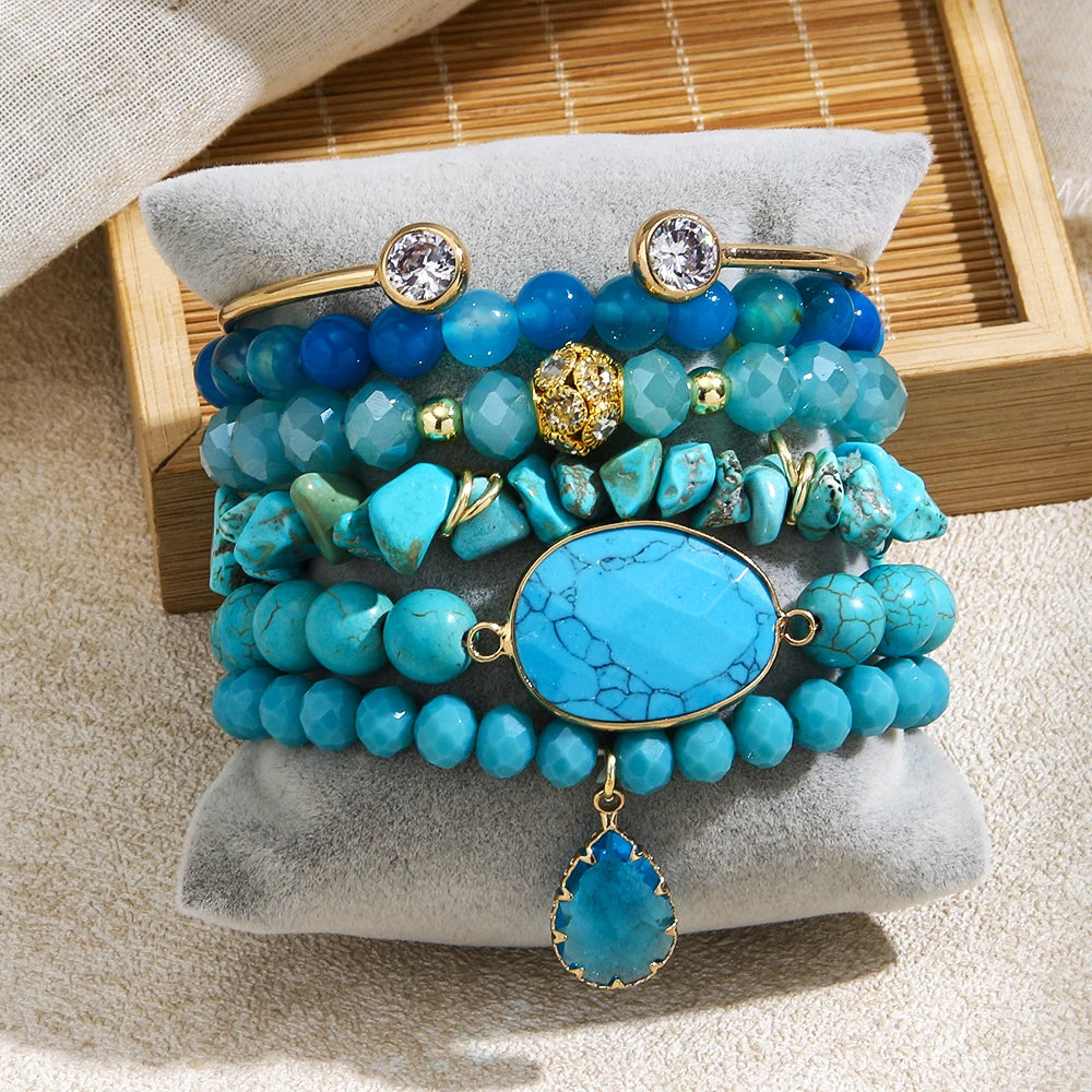 Bohemian Vacation Women's Custom Jewelry Metal Nail Cuff Open Bangle 6pcs Natural Gemstone Glass Bead Elastic Stack Bracelet Set