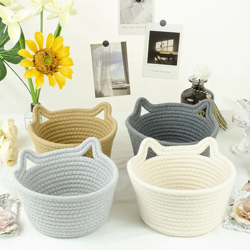 MSH Korean Style Cat Ear Trinket Design Cotton Rope Basket Decorative Storage for Jewelry & Coins