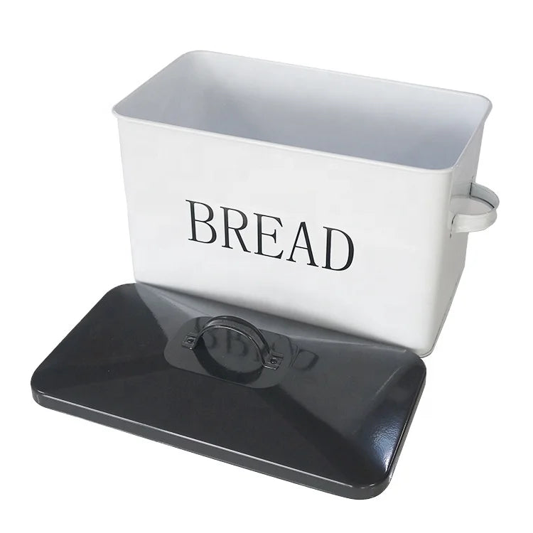 White Color Farmhouse Bread Box with Black Lid for Kitchen Counter Large Size Big Bread Bin