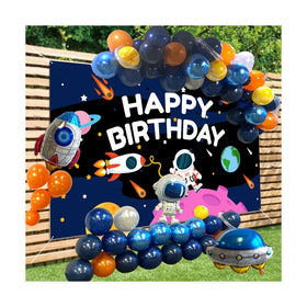 Outer Space Theme Multi-color Birthday Party Decoration Set Backdrop Rocket Astronaut UFO Foil Balloons Bulk Garland Kit Fast