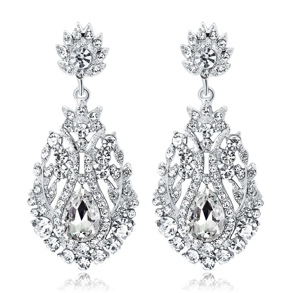 Wholesale Jewelry Factory Earrings Silver Plated Fashion Bridal Earrings Luxury Rhinestone Fine Jewelry Bridal Wedding Earrings