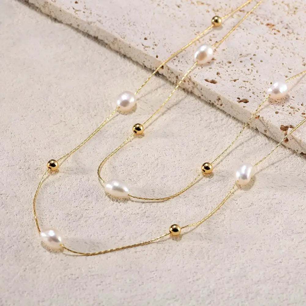RINNTIN GPN50 Wholesale Latest Fashion Gold Plated S925 Silver Double Layered Simulated Baroque Pearl Charm Long Necklaces Women