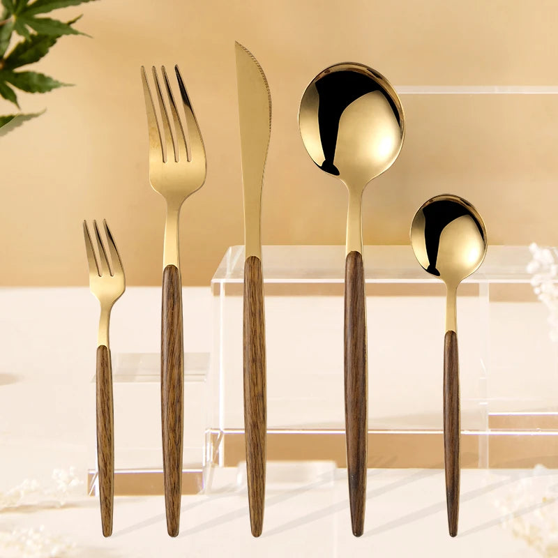 Reusable Trendy Wood Handle Cutlery Set Stainless Steel Knife Fork Spoon and Tea Spoon Set