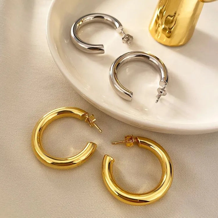 Statement Hollow Earring 18K Gold Plated Stainless Steel Big Hollow Tube Hoop Stud Earrings Tarnish Free Waterproof Gold Jewelry