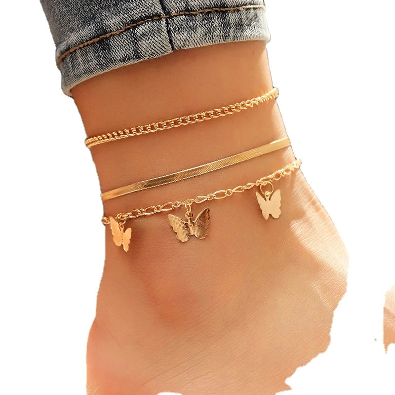 Trendy Multilayer Butterfly Anklet Gold Snake Chain Bracelet Fashion Women Party Summer Jewelry